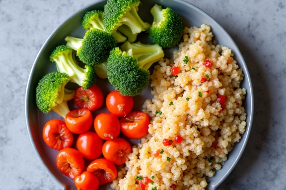 Assiette équilibrée avec légumes, protéines et céréales