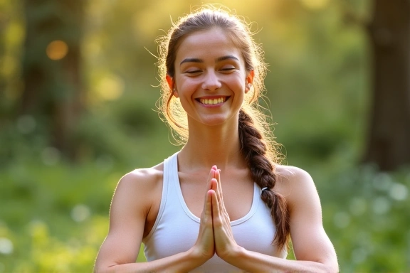 Jeune femme souriante faisant du yoga en plein air