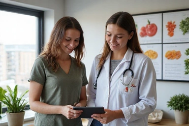 Une nutritionniste souriante discute avec un client dans un bureau moderne et lumineux, symbolisant une consultation agréable et professionnelle.