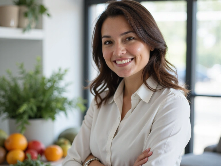 Photo professionnelle de la nutritionniste, souriante et accueillante, dans un cadre lumineux et moderne.