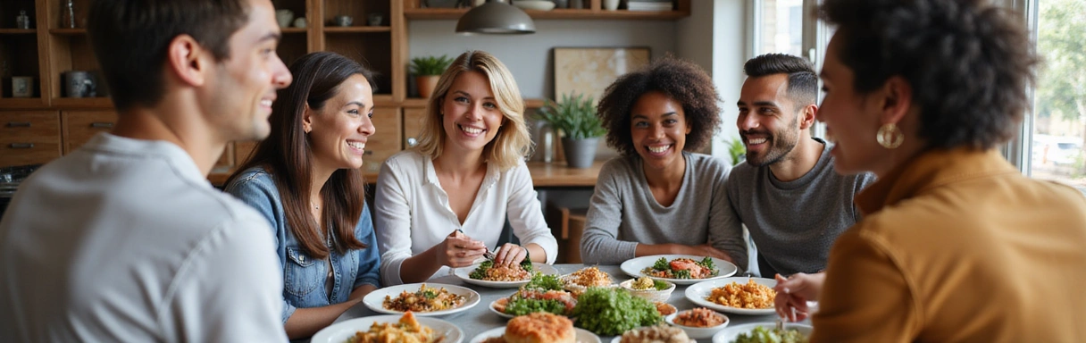 Plusieurs personnes de divers âges et ethnies souriantes et heureuses, partageant un repas sain et équilibré dans un cadre convivial. L'image dégage une atmosphère de bien-être et de communauté.