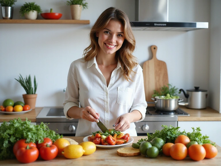 Une femme souriante préparant un repas sain avec des légumes frais et des fruits colorés dans une cuisine lumineuse.
