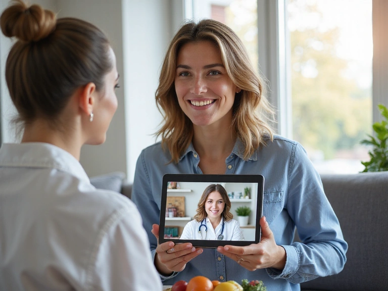 Femme souriante en consultation vidéo avec une nutritionniste, tenant une tablette
