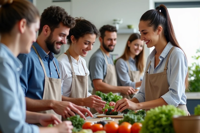 Groupe de personnes participant à un atelier de cuisine saine, souriantes